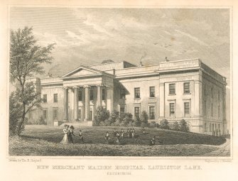 Photographic copy of engraving insc: 'New Merchant Maiden Hospital, Lauriston Lane. Drawn by Tho.H.Shepherd.  Engraved by J. Henshall'.  Copied from Modern Athens.