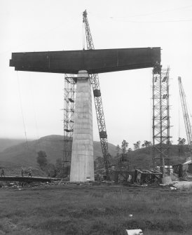 'North of Scotland Hydro Electric Board. Garry project.  Quoich Works. Contract No. 58. No.10 Glen Quoich Road bridge. Erection of West Cantilever girders. View looking South...'
d:'9/8/55' 
Acc. No 1987/2
Sir William Arrol Collection Box 10
Filed in Negative store