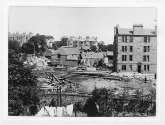 38 Morningside Park and Springvalley Terrace.
View of Springvalley tenements under construction.
Caption: 'Scene from window of Scouts' Room at 38 Morningside Park 1899. Far (east) side of tenements at Springvalley now partly constructed.'