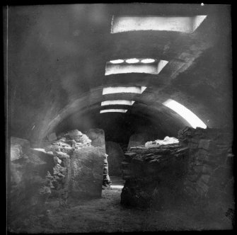 View of interior of cairn showing modern roof.