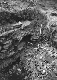 Craig Phadrig excavations 1971, rampart face. Ranging pole divisions are 0.5m. In MS7261/1