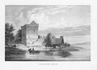 View of Lochleven Castle showing fishermen with nets drying.