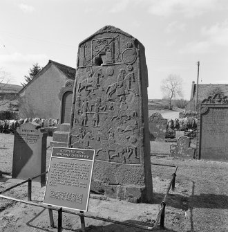 View of reverse of Aberlemno no 2 Pictish cross slab, Aberlemno Churchyard.