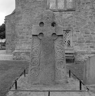 View of face of Aberlemno no 2 Pictish cross slab, Aberlemno Churchyard.