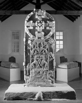 View of face of Meigle no.2 Pictish cross slab on display in Meigle Museum.
