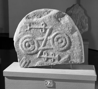 View of reverse of Meigle no. 7 Pictish cross slab on display in Meigle Museum.