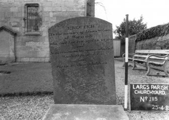 View of headstone commemorating James Wilson of Waterside (d. 1816), his wife Jean Stivenson (d. 1821) and seven of their children.
Largs Parish Churchyard No 185.