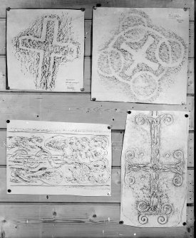 Photographic copy of four rubbings. The upper two rubbings show detail of two cross incised stones, Dyce no.3 [left] and Dyce no.2 [right] from Dyce, Aberdeen. The lower two rubbings are yet to be identified.