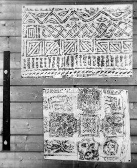Photographic copy of two rubbings. The upper rubbing is yet to be identified. The lower rubbing shows detail from the face of Dunfallandy Pictish cross slab.