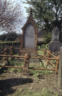 View of headstone to Marian Campbell, vife of Alexander Macvey, d.1869 in enclosure, Larbert Old Churchyard.
