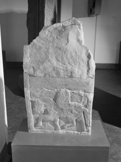 View of reverse of cross slab fragments, St. Vigeans no.22 and no.23, on display in St Vigeans Museum.