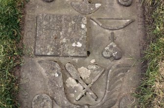 Detail of headstone to Margaret Glasone 1712, Logie Old Churchyard.