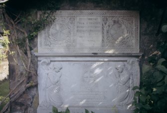 Detail of headstone to Elizabeth Graham, with kneeling angels, Logie Old Churchyard.
