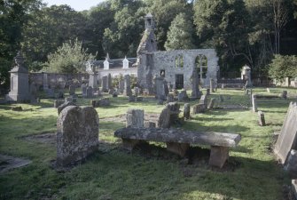 General view of graveyard and church, Logie Old Churchyard.