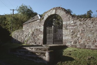 General view of graveyard and gateway, Logie Old Churchyard.