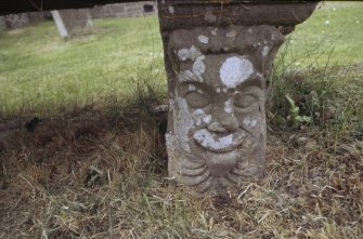 Detail of carved face on 18th century  tablestone, Port of Menteith Parish Churchyard.