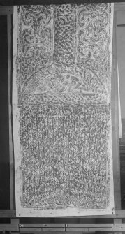 Photographic copy of a rubbing showing the bottom half of the face of a cross slab, from Farr Old Church, Clachan.