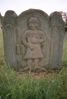 View of headstone to James Gilchrist, schoolmaster d. 1758 aged 19, Dalgarnock Church.