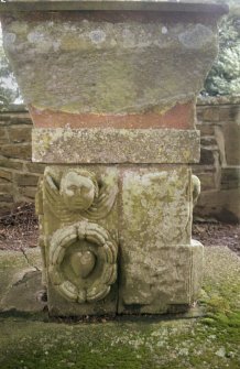 View of font constructed from old gravestones, Dalgarnock Church.