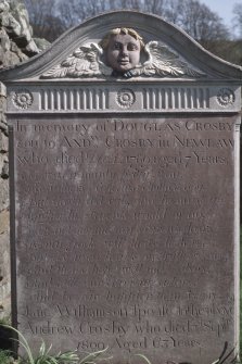 View of headstone to Douglas Crosby d. 1789 aged 7 years, Dundrennan Abbey graveyard.