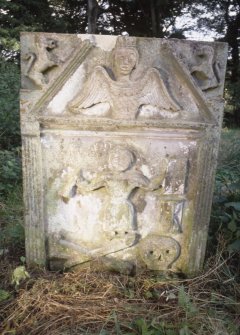 View of headstone to John McMorland d. 1748, Inch Old Parish Church burial ground.