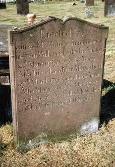 View of headstone with inscription to McMonies children d. 1790-93, Kirkandrews Old Church burial ground.