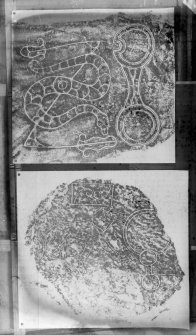 Photographic copy of two rubbings. The lower rubbing shows detail of the face of the Wolf Stone Pictish symbol stone, it originally stood at Newbigging Farm, Leslie, now stands in the garden of Leith Hall, Aberdeenshire. The upper rubbing shows detail from the face of a Pictish symbol stone, from Newton House, Aberdeenshire.