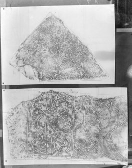 Phogtographic copy of two rubbings. The upper rubbing shows detail of fragmented face of a Pictish symbol stone, originally from Clune Farm, Dores, Highland. The lower rubbing shows detail of the face of  Pictish symbol stone, originally the sill of a window at St Peter's Church, South Ronaldsay, Orkney Islands. Both stones are now in the National Museums of Scotland.