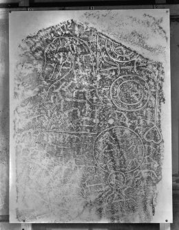 Photographic copy of rubbing showing face detail of Rhynie no.5 Pictish symbol stone, St. Luag's Churchyard, Rhynie.