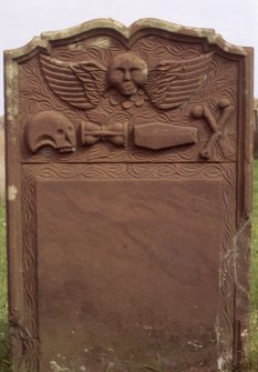 View of headstone to Isobel Mclunie d. 1769, Kirkmaiden Old Parish Church burial ground.