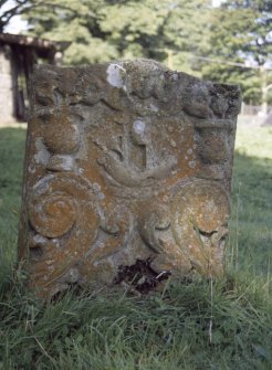 View of headstone dated 1700 with ship , Soulseat Abbey burial ground.
