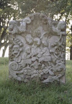 View of headstone to Robert Campbell d. 1701,  Soulseat Abbey burial ground.