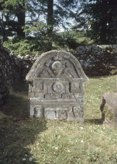 View of headstone to Margaret Bold d. 1720, Watcarrick Burial Ground, Bankhead.