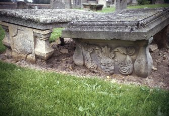 Detail of tablestone with carving of a green man, Kinloss Abbey burial ground.