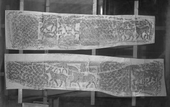Photographic copy of two rubbings showing the side elevations of the Govan sarcophagus, Govan Old Parish Church, Glasgow.