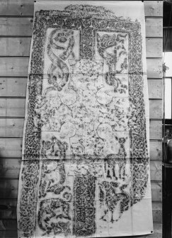 Photographic copy of rubbing showing face of Woodrae Pictish cross slab, now at National Museums of Scotland.
