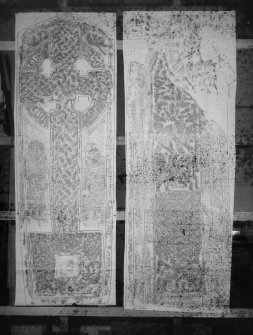 Photographic copy of two rubbings. The left rubbing shows the face of Aldbar Pictish cross slab, originally from Aldbar Chapel, now at Brechin Cathedral. The right rubbing shows detail of the reverse of Eilean Mor cross shaft, St Cormac's Chapel.