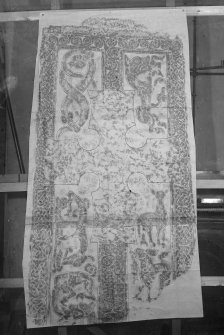 Photographic copy of rubbing showing face Pictish cross slab, originally from Woodrae Castle, Angus, now at National Museums of Scotland.
