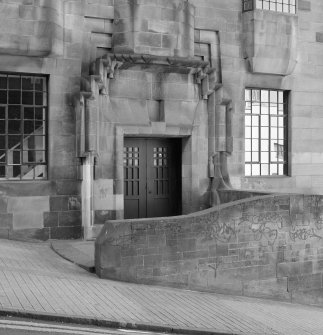 View of doorway at W facade of Glasgow School of Art from NW.