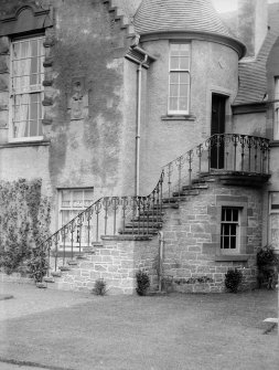 View of wrought iron staircase rails, possibly at Hallyburton House.