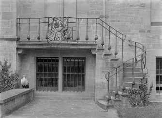 View of wrought iron garden stair railing at Hallyburton House.