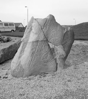 View of face of Brandsbutt ogham inscribed Pictisy symbol stone.
