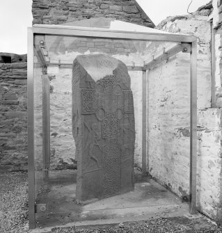 View of Pictish cross slab in its shelter at Eassie Old Parish Church.