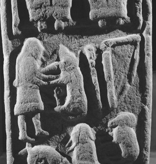 Detail of reverse of the Aldbar cross slab in Brechin Cathedral.