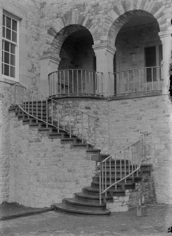 View of external stair and ironwork on North West front of Ardkinglas House.