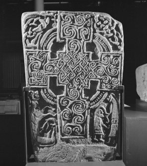 View of face of Inchbraoch Pictish cross slab in Montrose Museum.