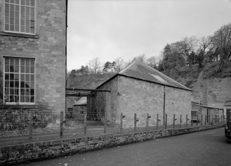 View of triangular plan ancillary building, Bongate Mill, Jedburgh, from east