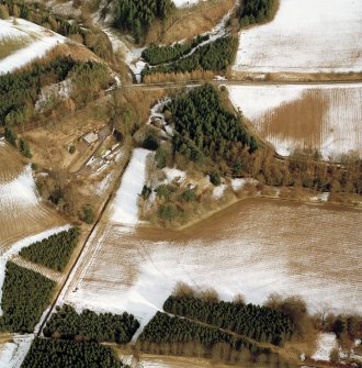 Oblique aerial view centred on the remains of the possible motte and tower-house, taken from the WSW.