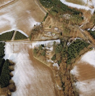 Oblique aerial view centred on the remains of the possible motte and tower-house, taken from the SSE.
