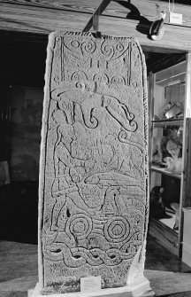 View of reverse of Golspie Pictish cross slab in Dunrobin Museum